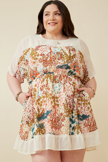 HK1597 Ivory Women Contrast Tree Print Dolman Sleeve Dress Editorial